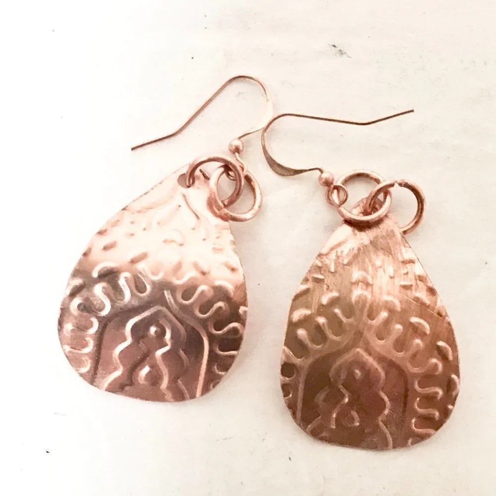 Tear Drop Baroque Embossed Solid Copper Earrings - Picture 3 of 6